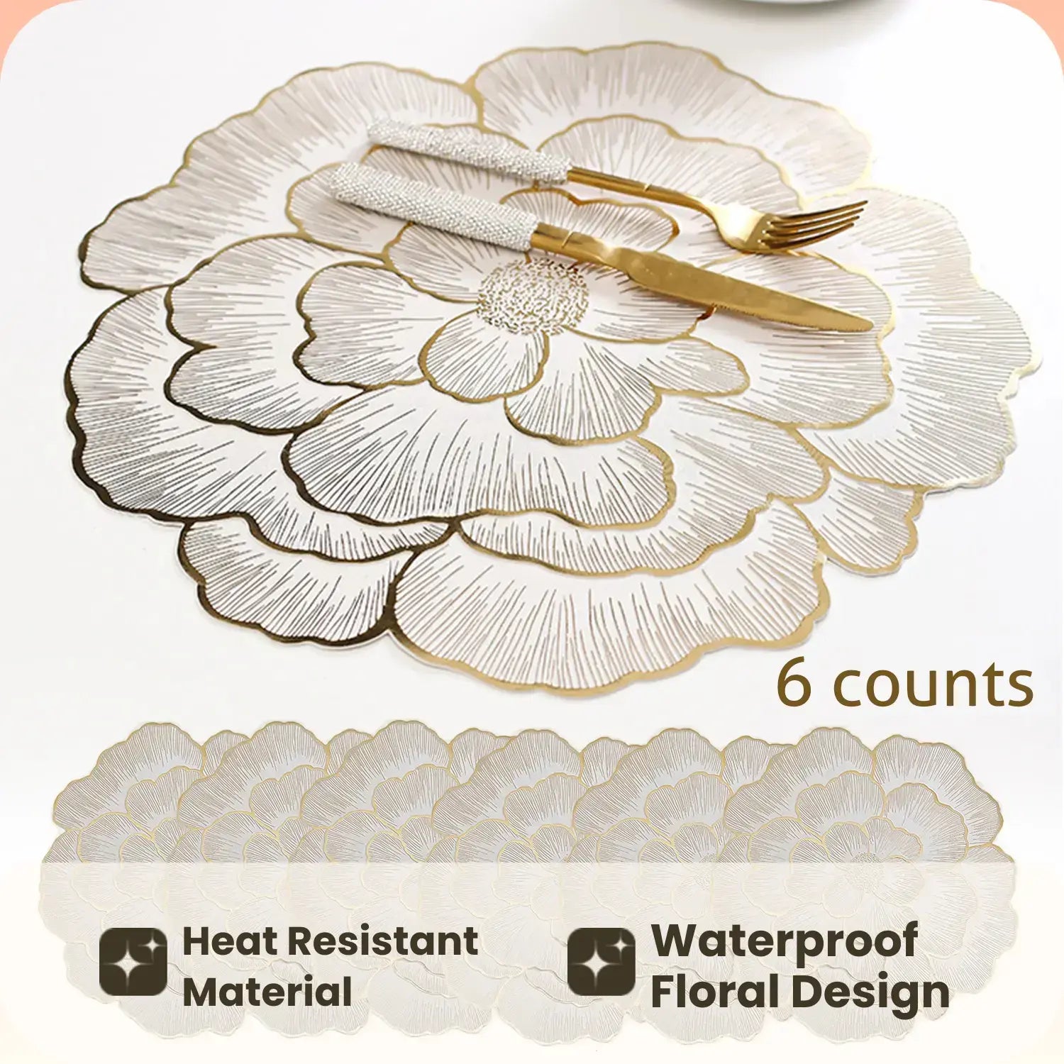 Floral Pattern Placemats Set of 6 - Heat-Resistant, Non-Slip, Waterproof Dining Table Mats for Home, Kitchen, Dining Room, or Wedding Events - Ideal Valentine's Day Gift