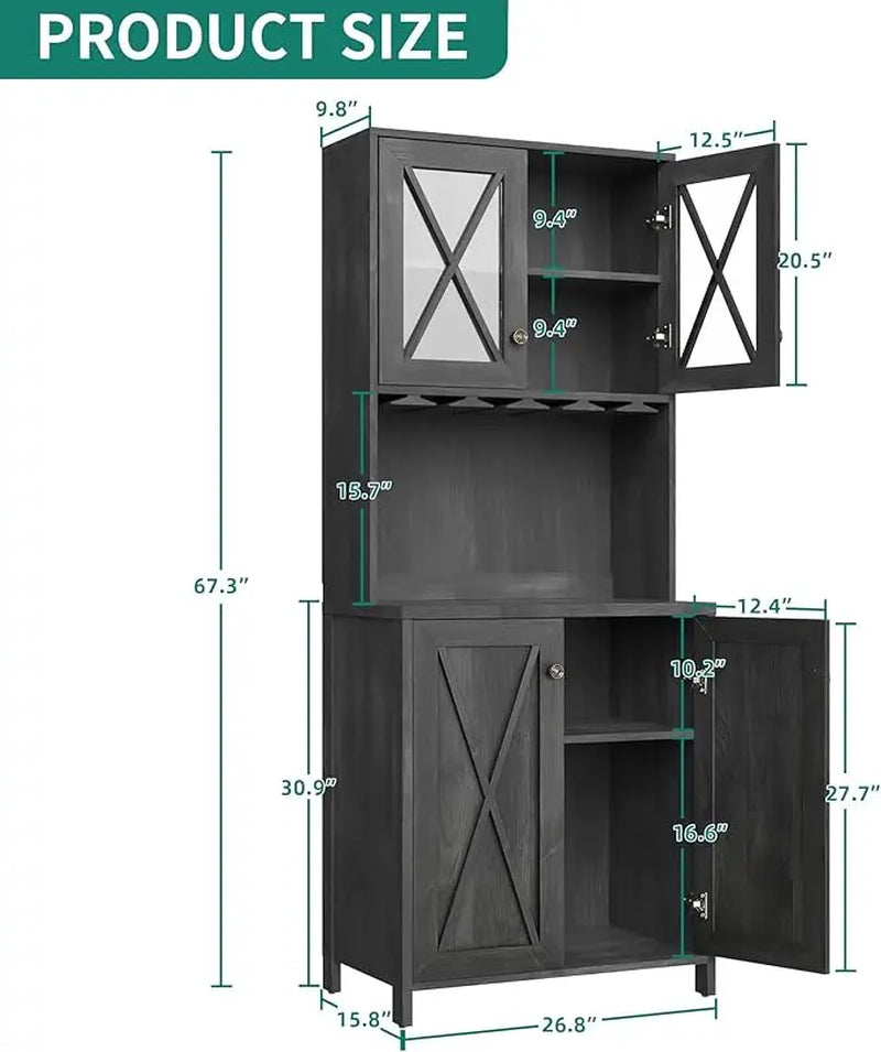 Yitahome 67" Tall Farmhouse Bar Cabinet with Wine Glass Rack, Open Storage Shelves, and Glass Doors in Charcoal Grey for Living Room