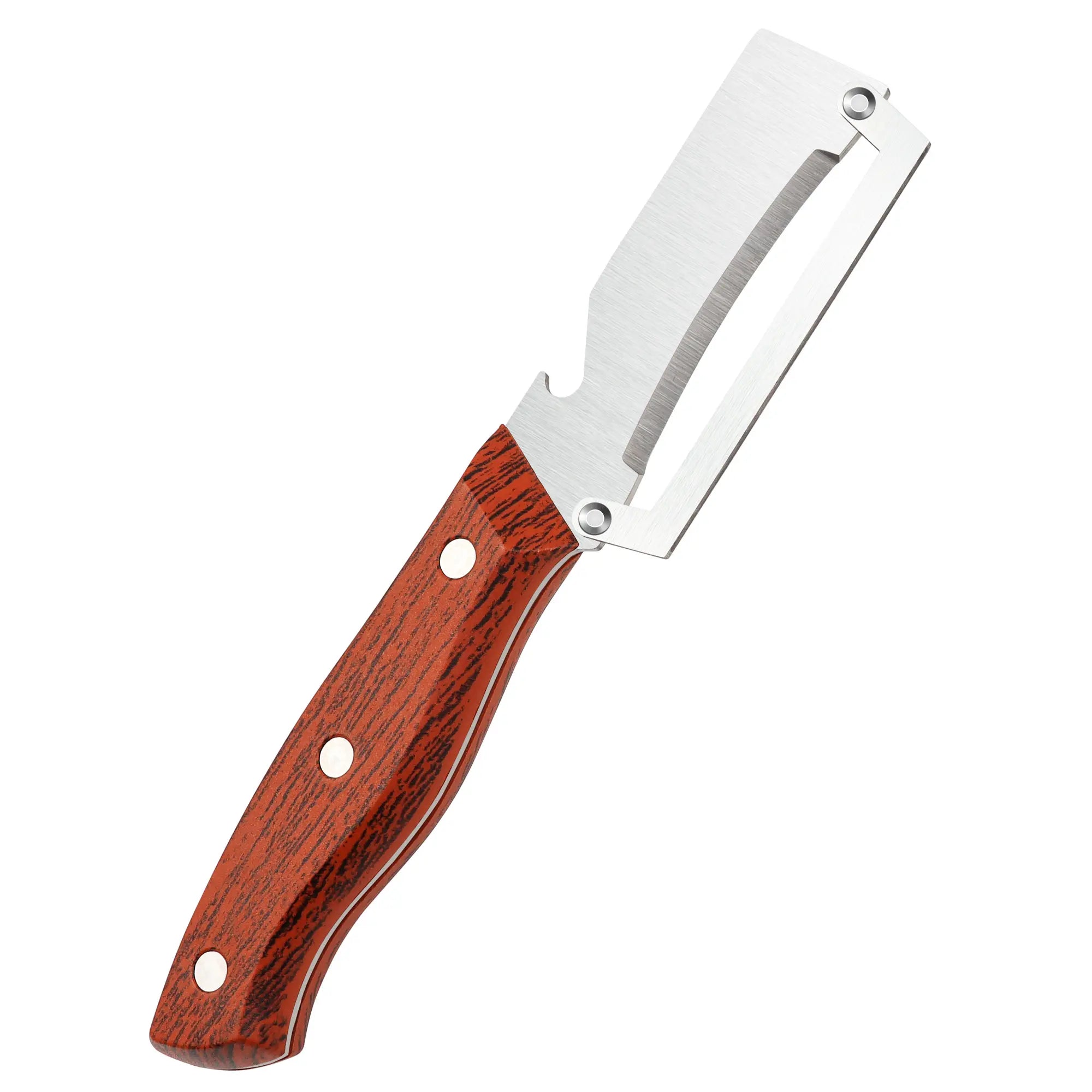 Ergonomic Wooden-Handled Vegetable and Fruit Peeler with Stainless Steel Blade and Integrated Bottle Opener