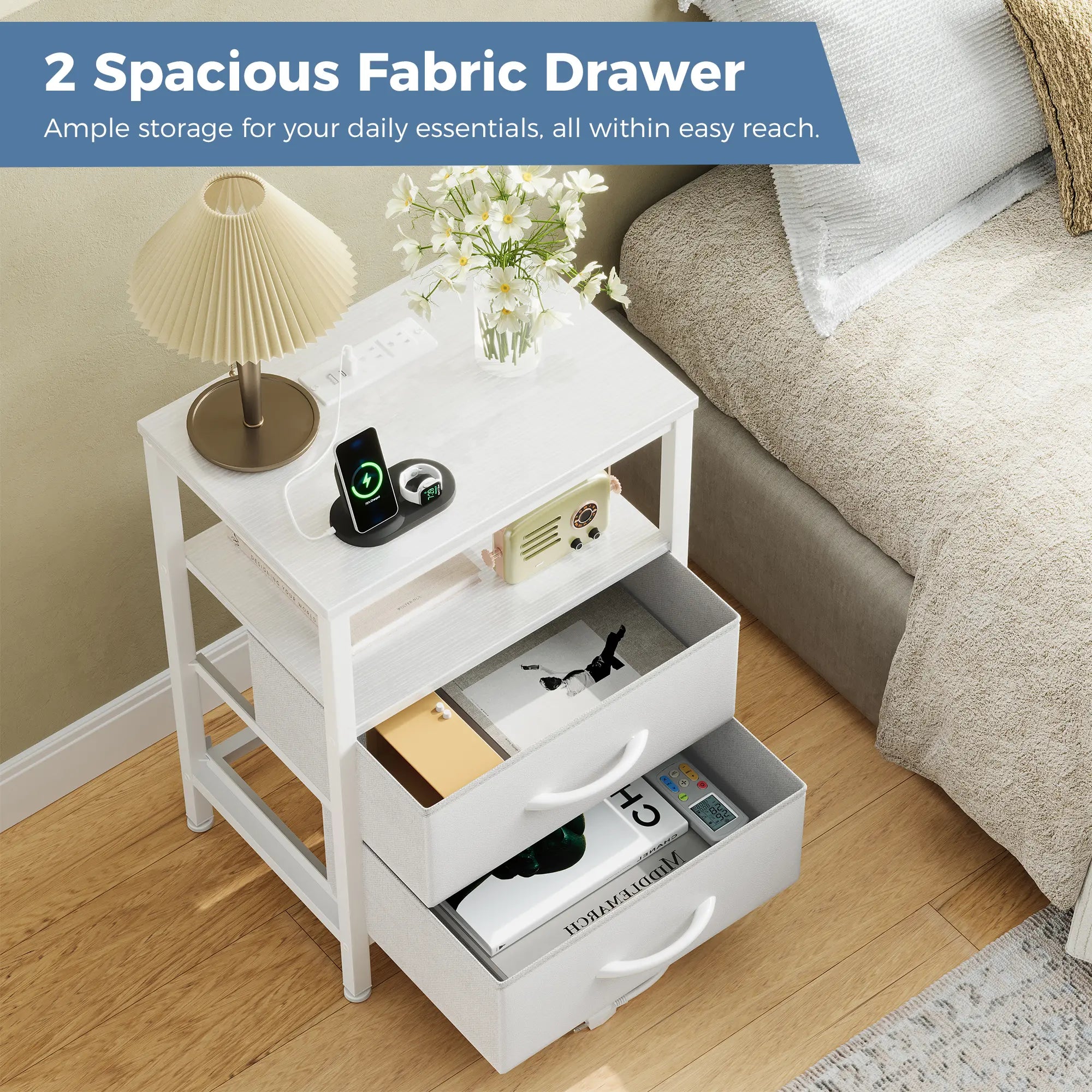 Elegant Nightstand with Integrated Charging Station, Dual Fabric Drawers, USB Ports, and Outlets - Modern Bedside Table for Apartments