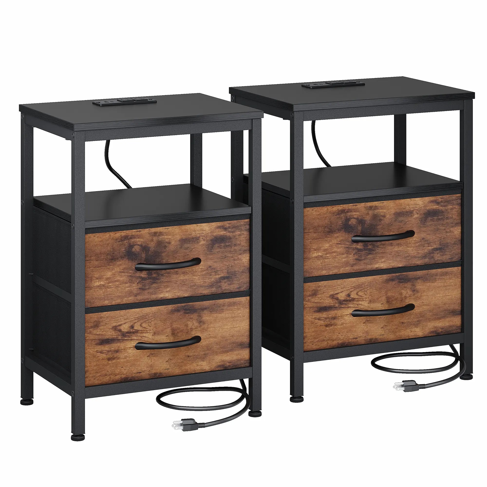 Elegant Nightstand with Integrated Charging Station, Dual Fabric Drawers, USB Ports, and Outlets - Modern Bedside Table for Apartments