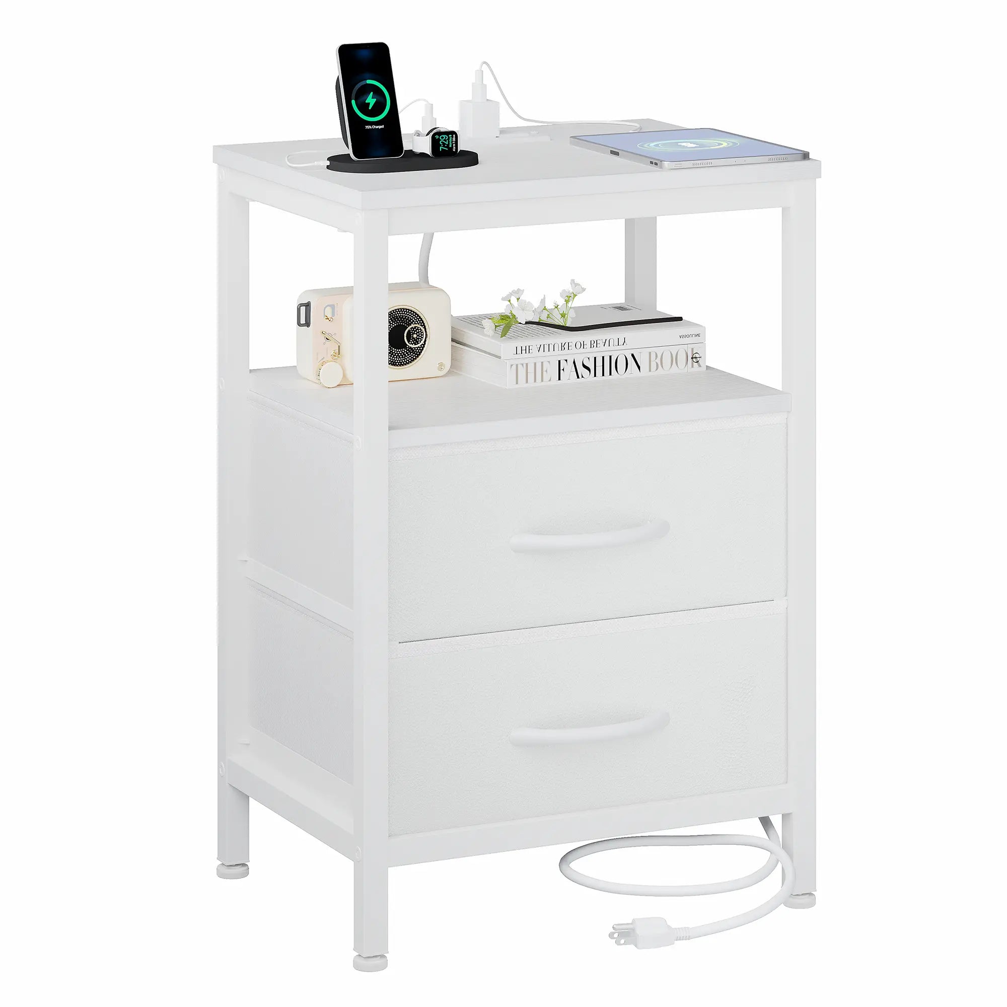 Elegant Nightstand with Integrated Charging Station, Dual Fabric Drawers, USB Ports, and Outlets - Modern Bedside Table for Apartments