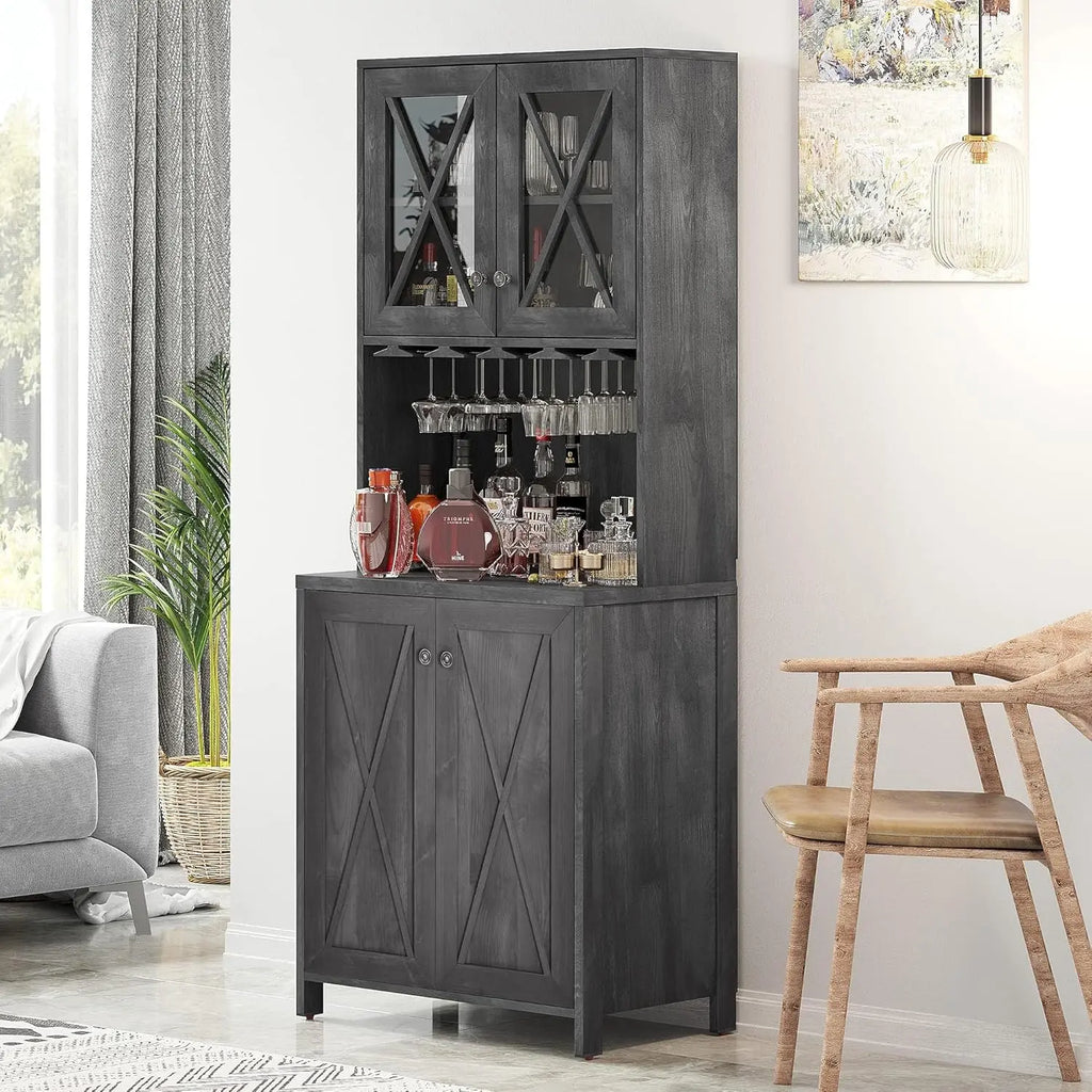 Yitahome 67" Tall Farmhouse Bar Cabinet with Wine Glass Rack, Open Storage Shelves, and Glass Doors in Charcoal Grey for Living Room