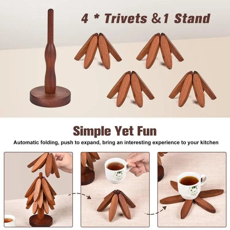 Wooden Coaster Set for Hot Dishes - Christmas Tree Design, Foldable Kitchen Decor for Pots, Bowls, Cups, and Hot Pots